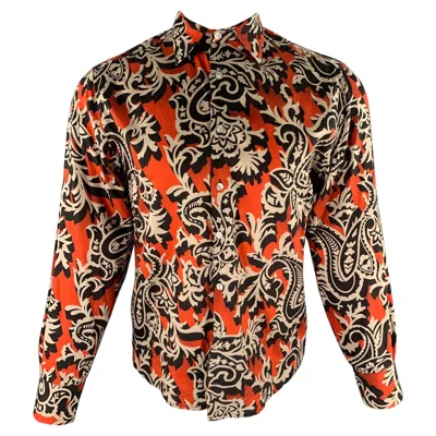 Pre-owned Etro Size M Orange Black Khaki Abstract Floral Long Sleeve Shirt