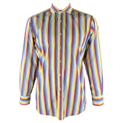 Pre-owned Etro Size Xl Blue Purple Yellow Stripe Cotton Pointed Collar Long Sleeve Shirt