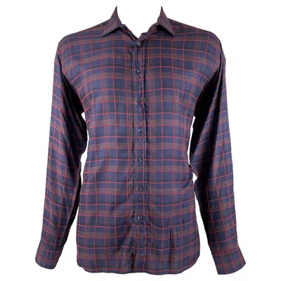 Pre-owned Etro Size Xl Navy Red Plaid Lyocel Cotton Button Up Long Sleeve Shirt