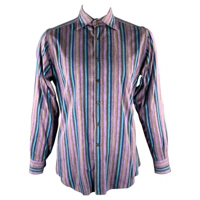 Pre-owned Etro Size Xl Purple Blue Brown Stripe Paisley Long Sleeve Shirt