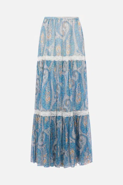 Etro Paisley Silk Flounced Skirt In Blue