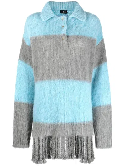 ETRO SKY BLUE BLUE FRINGED-EDGE SWEATER MINIDRESS