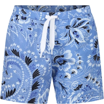 Etro Kids' Sky Blue Swim Boxer For Boy With Paisley Pattern In Light Blue