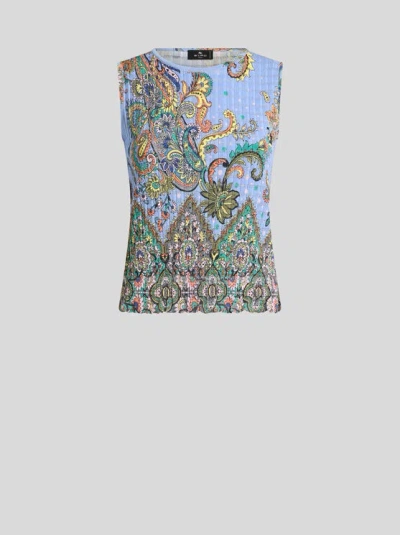 Etro , Sleeveless Floral Knit Top, Woman, Light Blue, Size 46