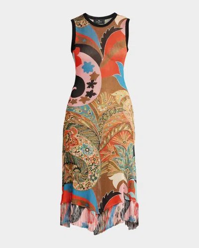 Etro Sleeveless Paisley Knit Fringed Midi Dress In Multi