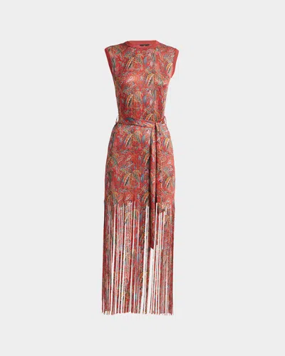 Etro Sleeveless Paisley-print Knit Fringed Midi Dress In Burgundy