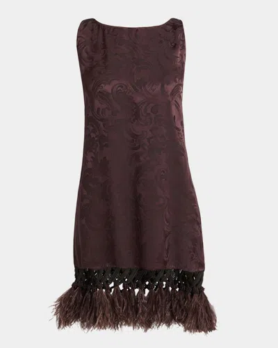 Etro Sleeveless Satin Jacquard Feather Tassel Mini Dress In Marrone 5