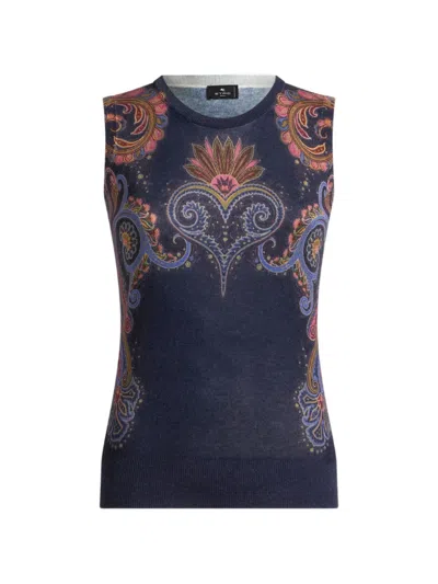 Etro Sleeveless Silk And Cashmere Top With Placed Paisley Print In Blue
