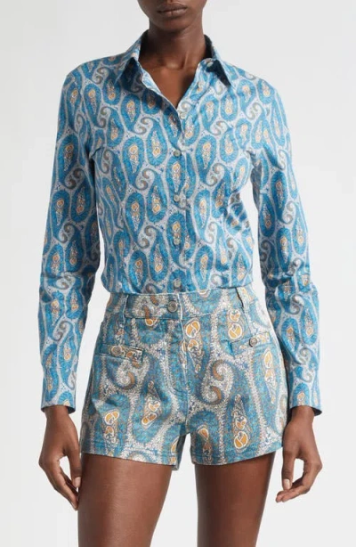 Etro Slim Fit Paisley Stretch Poplin Button-up Shirt In Blue