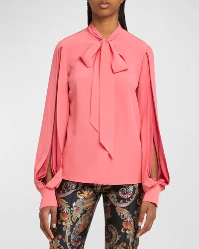 Etro Slit-sleeve Neck-tie Silk Blouse In Pink