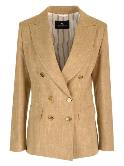 Etro Slub-texture Double-breasted Tailored Blazer In Beige