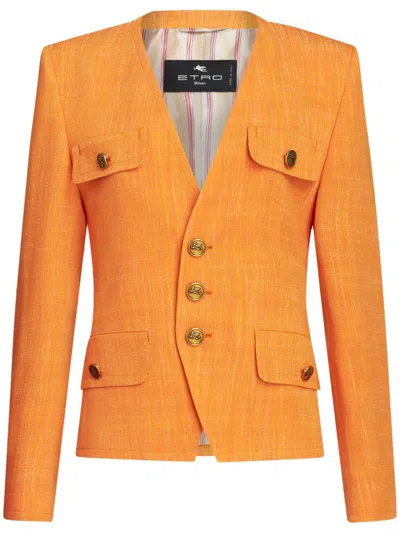 Etro Slub-effect Single-breasted Jacket In Orange