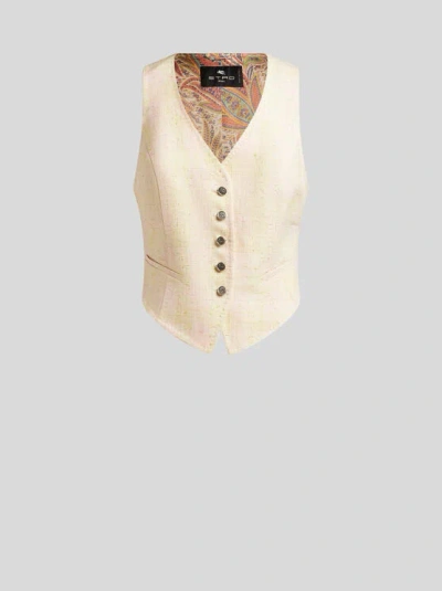 ETRO , SLUB LINEN-BLEND WAISTCOAT, WOMAN, BEIGE, SIZE 48