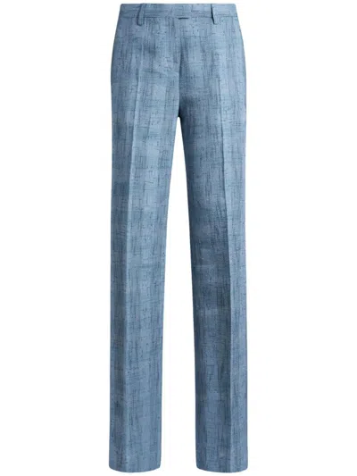 ETRO SLUBBED CHECK MOTIF LINEN-BLEND TROUSERS