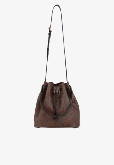 Etro Small Arnica Paisley Jacquard Bucket Bag In Brown