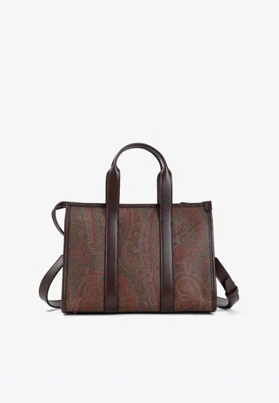Etro Small Arnica Paisley Jacquard Tote Bag In Brown