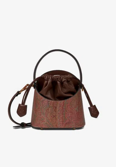 Etro Small Arnica Saturno Paisley Jacquard Bucket Bag In Brown