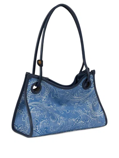 Etro Medium Shopper Bag Eyes In Denim Jacquard In Blue