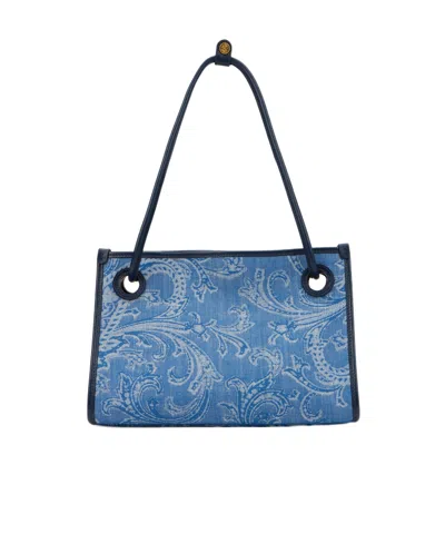 Etro Small Eyes Jacquard Denim Tote Bag In Blue