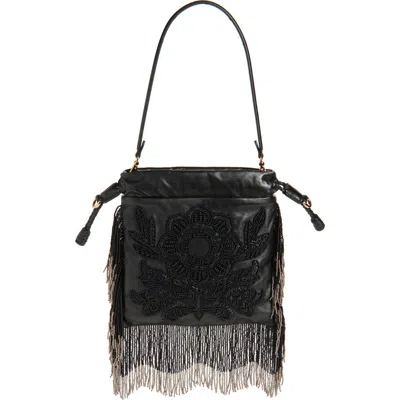 Etro Small Kalispera Beaded Fringe Leather Shoulder Bag In Black