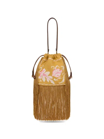 Etro Small Kalispera Embroidery Fringed Bucket Bag In Brown