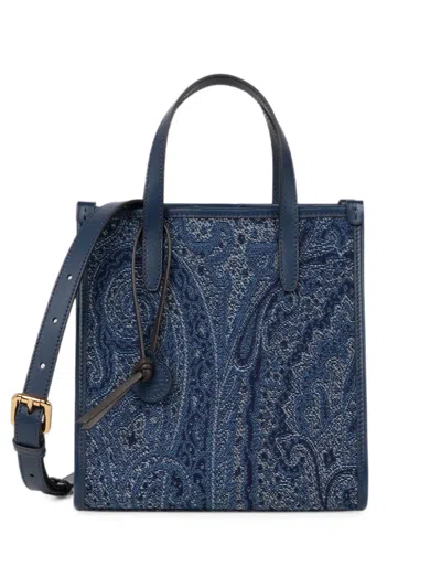 Etro Small Love Trotter Bag In Jacquard Denim With Paisley Motif In Blue