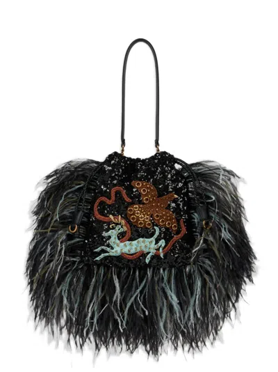Etro Small Sequined Kalispera Shoulder Bag With Feather Detail And Animal Embroidery In Black
