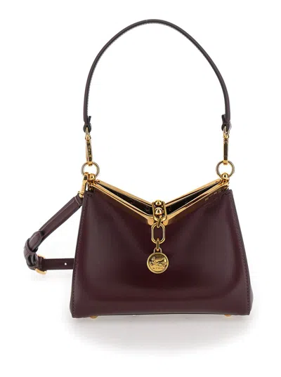 Etro 'small Vela' Bordeaux Shoulder Bag With Logo And Pegasus Charm In Leather Woman In Burgundy