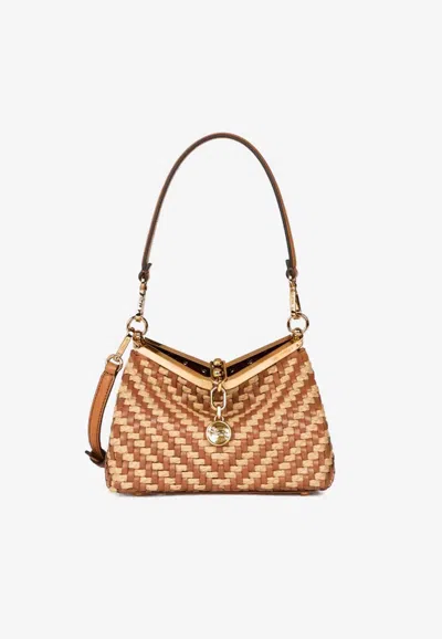 Etro Small Vela Woven Leather And Raffia Shoulder Bag In Brown