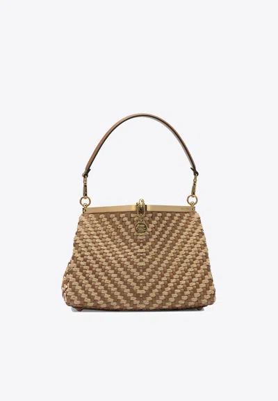 Etro Small Vela Woven Raffia Shoulder Bag In Brown