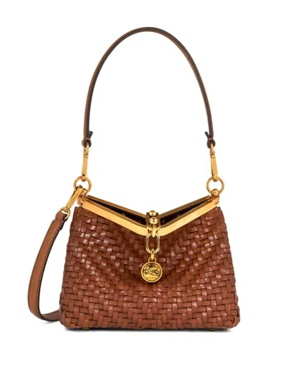 Etro Small Woven Vela Shoulder Bag In Brown