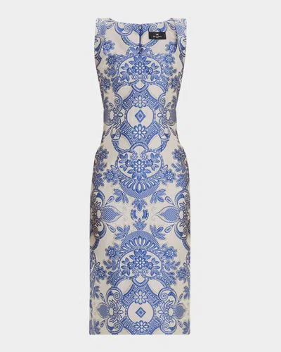 Etro Square-neck Lace Effect Brocade Dress In Multicolour On Blue