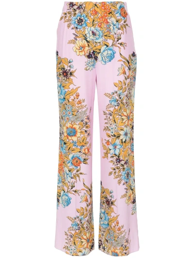 Etro Straight Floral Trousers In Pink & Purple