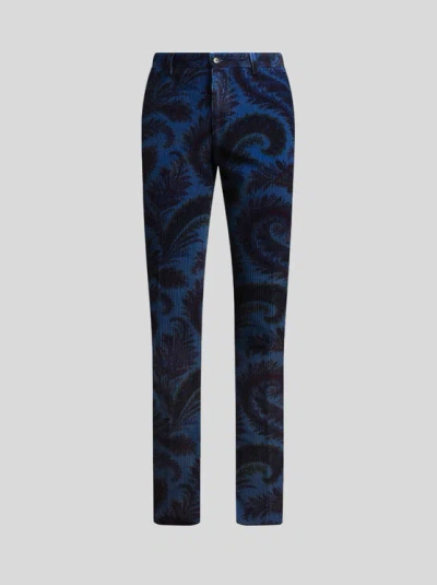 Etro Ribbed Foliage Trousers In Blue