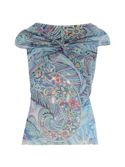 Etro Semi-sheer Straight Neck Patterned Top In Blue
