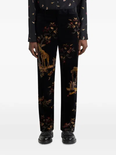 Etro Straight-leg Cotton Velvet Trousers With Placed Flower And Animal Print In Black