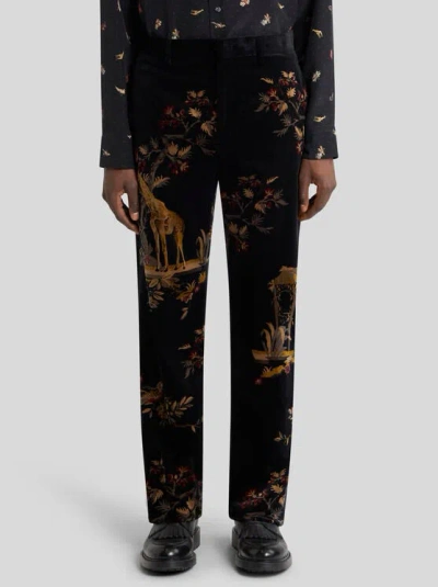 Etro , Straight-leg Cotton Velvet Trousers With Placed Flower And Animal Print, Man, Black, Size 50
