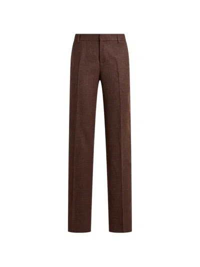 Etro Straight-leg Wool Trousers With Pheasant Feathers And Micro Houndstooth Motif In Brown
