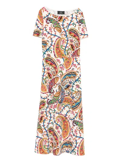 Etro Stretch Cady Midi Dress With Floral Paisley Motif In Multi