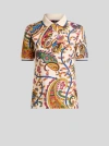 Etro , Stretch Cotton Pique Polo Shirt With Floral Paisley Motif, Woman, Beige, Size Xl In Brown