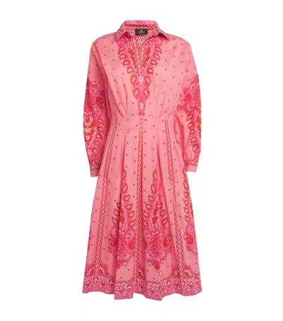 Etro Floral-patterned Stretch Cotton Midi Dress With V-neck In Pink