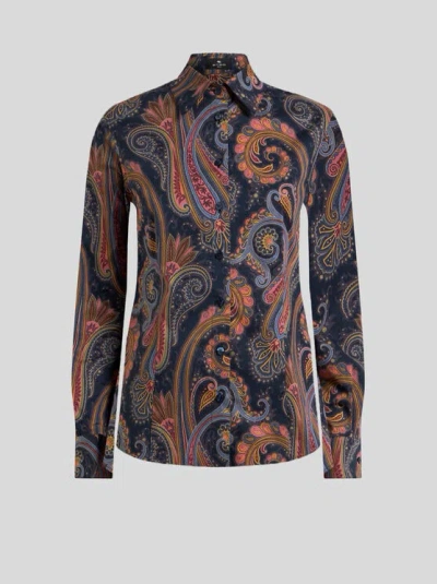 Etro , Stretch Cotton Poplin Shirt With Paisley Motif, Woman, Blue, Size 38