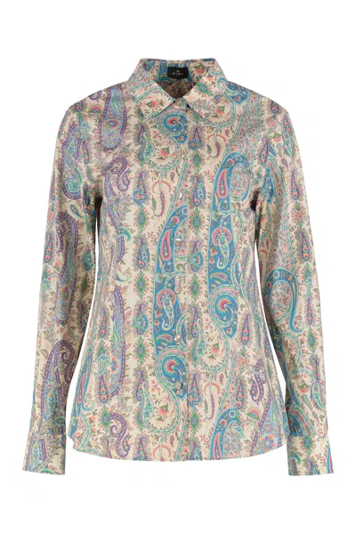 Etro Stretch Cotton Shirt With Leafy Paisley Motif In Multi