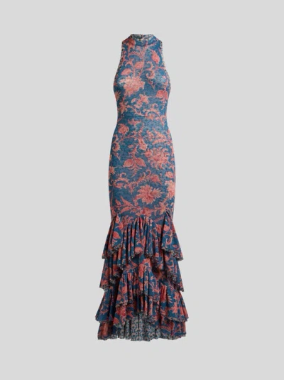 Etro Floral-print Ruffled Dress In Blue