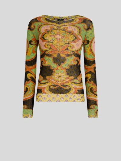 Etro , Stretch Tulle Top With Placed Floral Print, Woman, Multicolour, Size 40