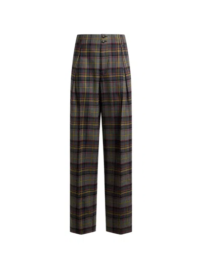 Etro Stretch Wool Trousers With Check Motif In Gray