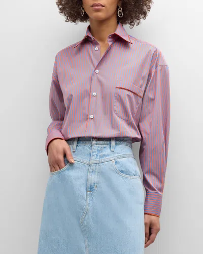 Etro Stripe Oversized Button Down Blouse With Velvet Tipping In Blue