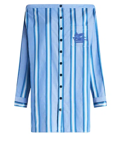 Etro Striped Cotton And Silk Blend Short Shirt Dress In Light Blue