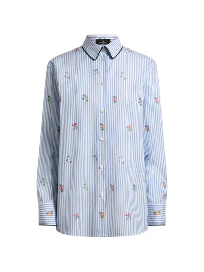 Etro Striped Cotton Jacquard Shirt With Trim And Fil Coupé Flower Motif In Transparent