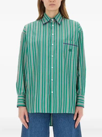 Etro Striped Long Sleeve Shirt With Chest Pocket In Green